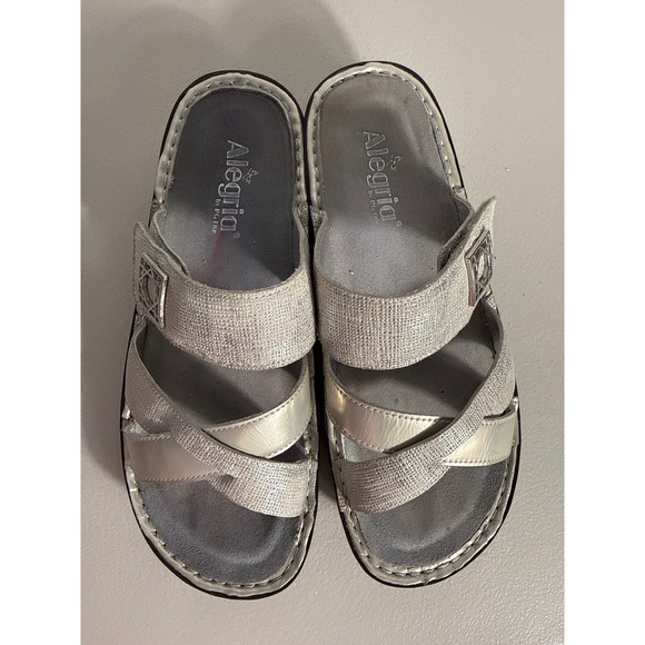 Alegria Shoes - Alegria PG Lite Womens Silver Metallic Adjustable Slide Sandals Comfort Shoes 40
